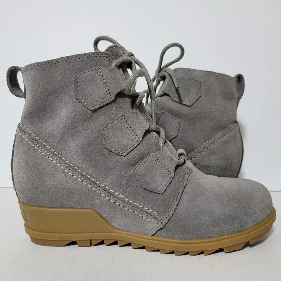 Sorel Evie Lace Wedge Bootie Boots Women Size 8 Gray Suede Leather Ankle