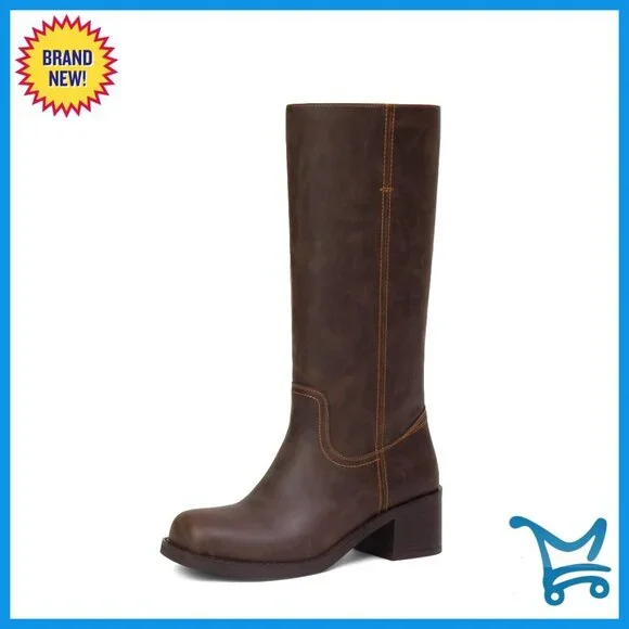 Women's Mid Calf Boots Chunky Block Low Heel Square Toe Comfortable