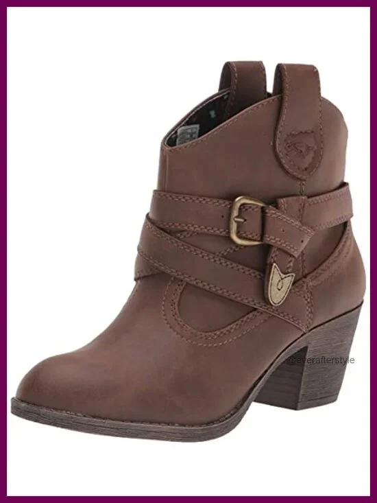 Western-Style Ankle Boot with Buckle Embellishment and Chunky Heel, Pull-Up Tabs