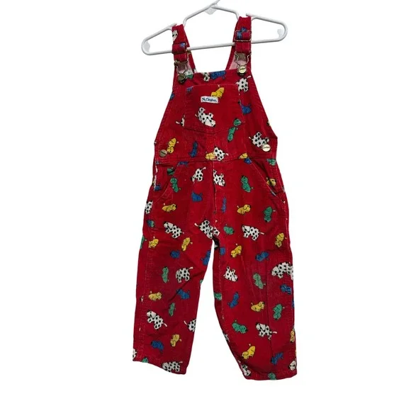 Vintage 90s Carters Red Corduroy Dog Print Overalls Kids 2T Dalmatian Bibs