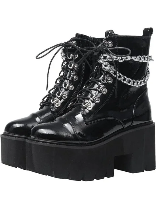 Women's Black Rubber Platform Chunky Wedge Lace Up Chain Zipper Ankle Booties