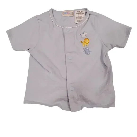 VTG McBaby Infant 0-3 Baby Blue Embroidered Button Up Shirt Lion Elephant Zebra