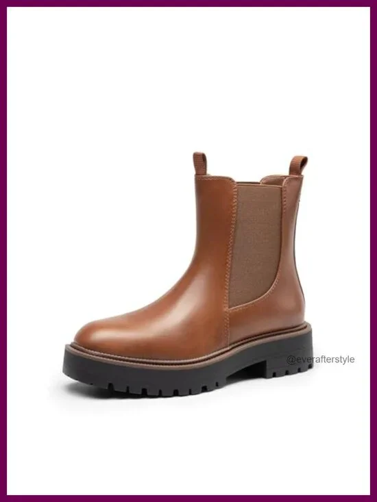Faux Leather Square Toe Chelsea Ankle Boots Low Heel Lug Sole Platform Fall