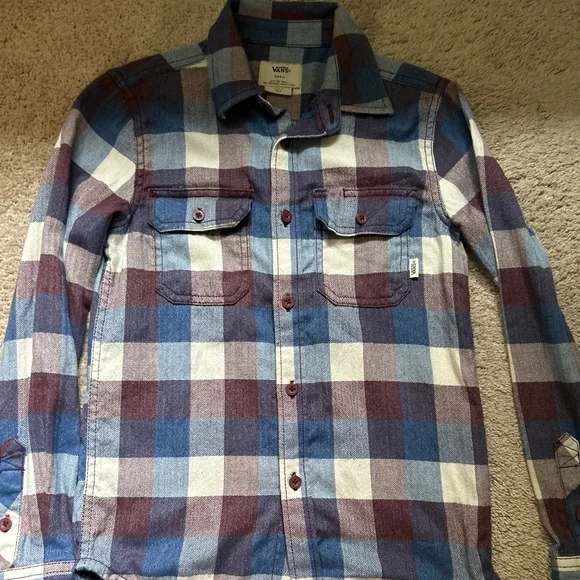 Vans Off The Wall Boys Small Blue Burgundy Plaid Flannel Button‎ Down Shirt