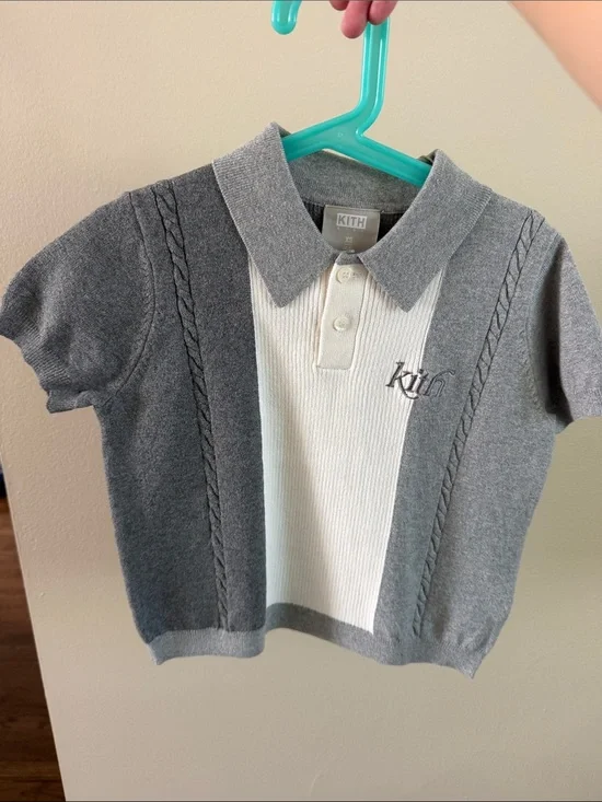 Kith Kids Grey & White Cable Knit Polo Top