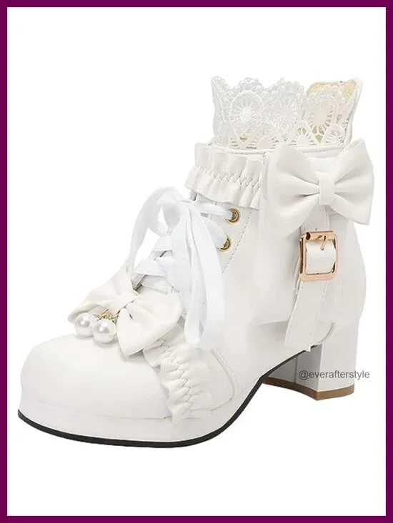 Chunky Heel Lace Up Ankle Boots with Bow - Cute Lolita Kawaii Style