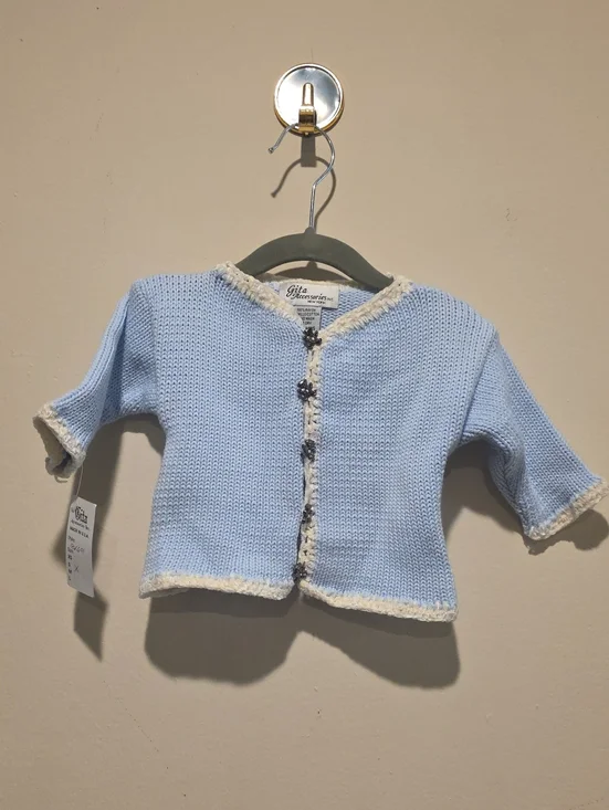 Gita Accessories Light Blue Knit Baby Cardigan with Cream Trim 6- 12 Months