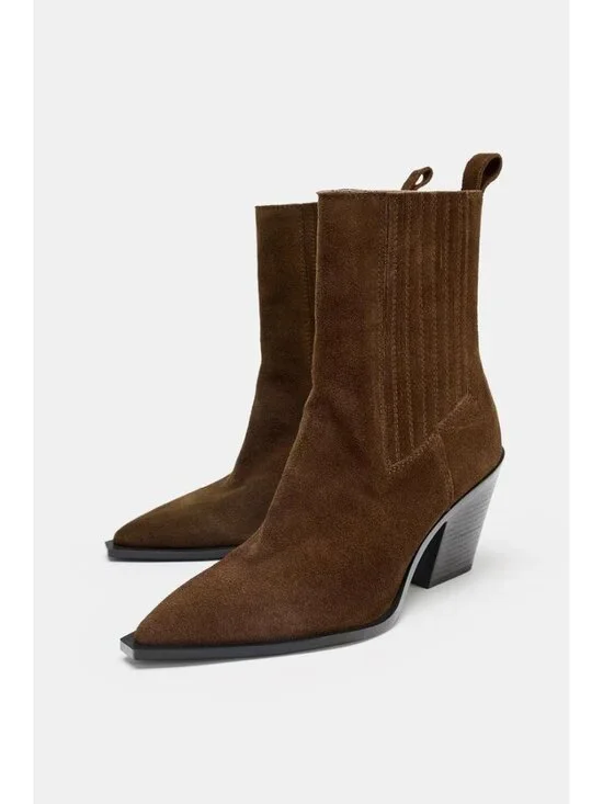 Zara Womens Split Leather Cowboy Ankle Boots EU 39 US 8 Brown 2107/610 NWOB