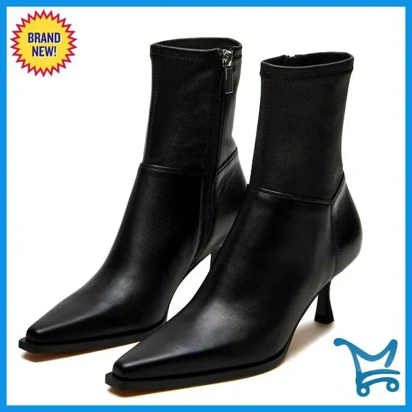 Pointed Toe Kitten Heel Ankle Boots with Side Zipper, Leather