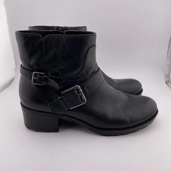 Nine West Black Leather Moto Ankle Boots Buckle Strap Lug Sole‎ Block Heel 10M