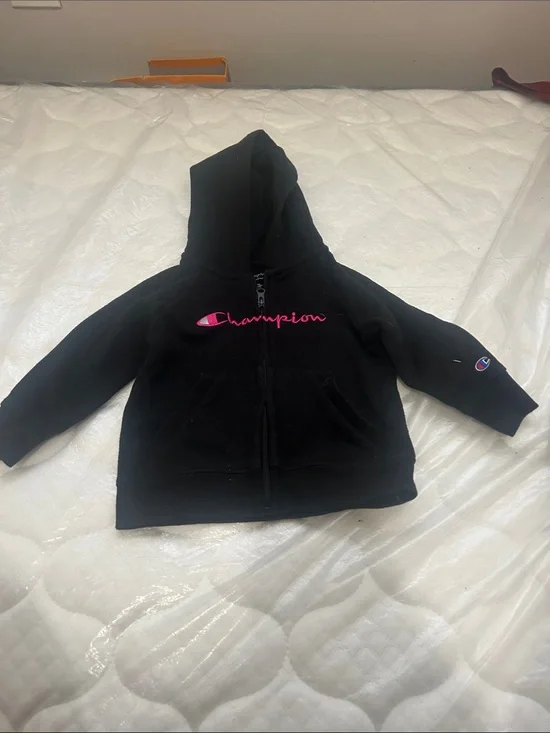 Champion Black Kids Zip Hoodie with Pink Logo