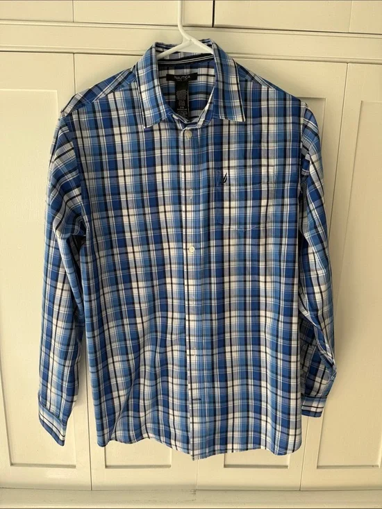Nautica Boys Blue Plaid Button-Down Shirt Size 20