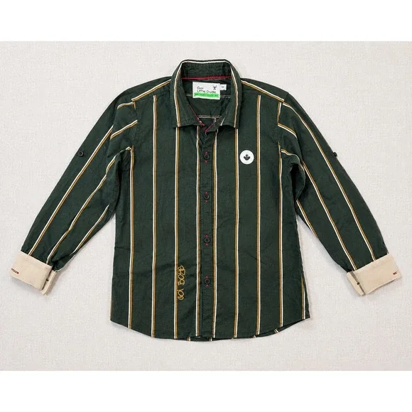 Goi Little Dude Boys Green Striped Roll Tab Sleeve Button Down Shirt Size 6