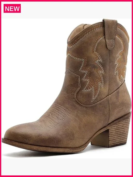 Cowgirl Boots Ankle Brown Embroidered Stitching Low Heel Western Boots
