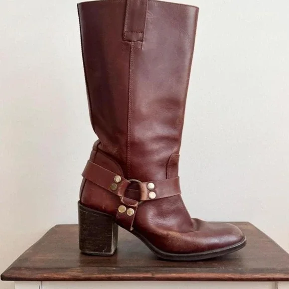 Vintage 90s / Y2K Brown Harness Leather Campus Boot Stacked Heel