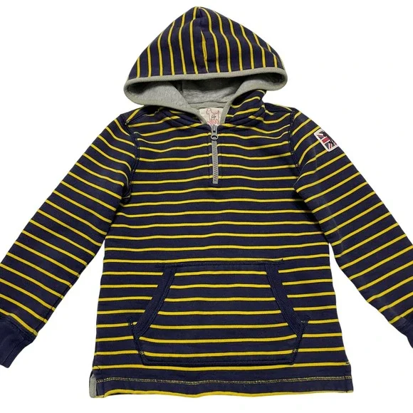 Mini Boden Boys Hoodie Sweatshirt Pullover 5-6Y Striped Fleece Lined Navy Yellow