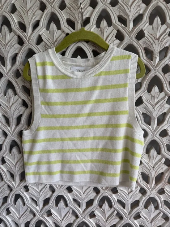 Zara White & Lime Striped Sleeveless Knit Tank