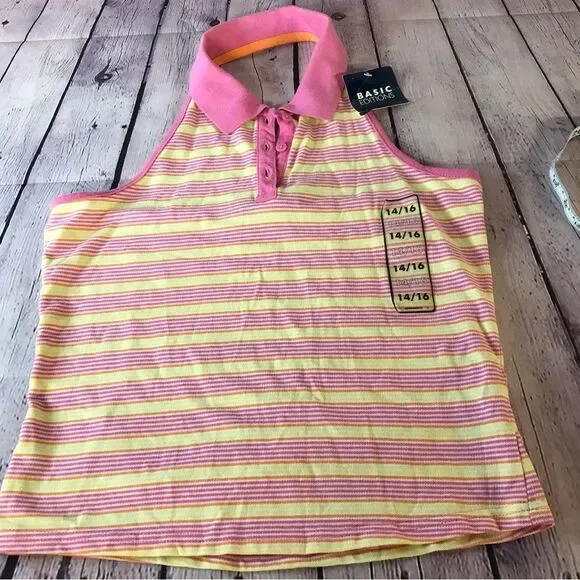 NWT Basic Edition Pink Yellow Striped Polo Halter Top Size 14/16