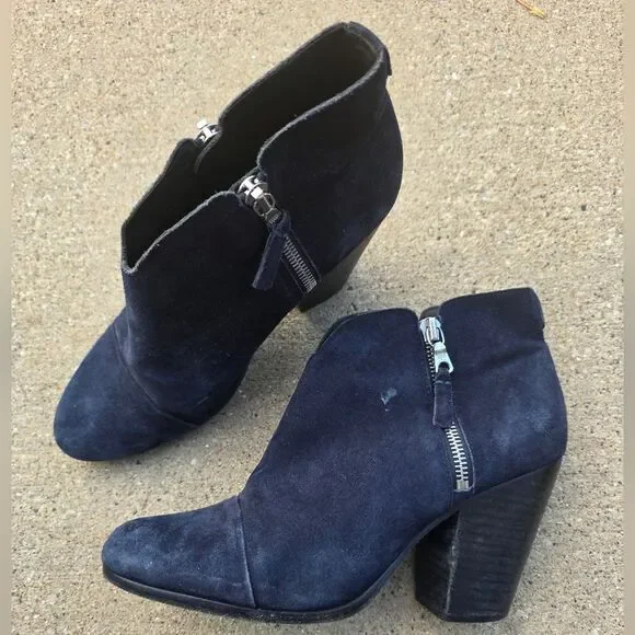 Rag & Bone Margot Suede Ankle Boots Block Heel Booties Navy Sz 39.5