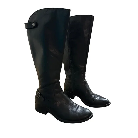 Born Black Leather Tall Riding Boots Women Side Zip‎ Buckle Detail Comfortable 6