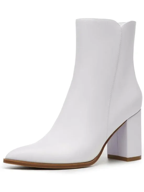 Women's White Fashion Pointed Toe Chunky Block Heel Side Zipper Short Ankle Boot