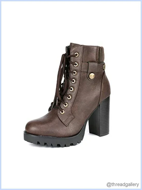 Lace Up Combat Ankle Boots Chunky Heel Fashion Booties Faux Leather Side Zipper