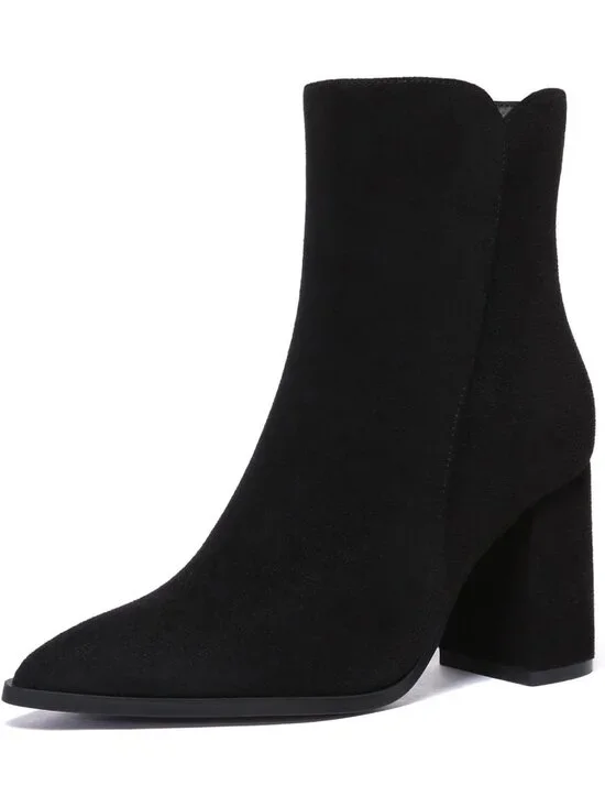 Women's Black Fashion Pointed Toe Chunky Block Heel Side Zipper Short Ankle Boot