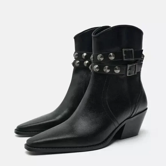 Zara Black Leather Strap Cowboy Comfortable Block Heel Ankle Boots
