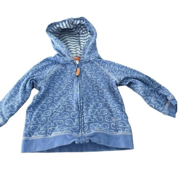 Carter's Whale Zip Up Hoodie Sweatshirt Baby 12M Blue Baby Boy's All Over Print