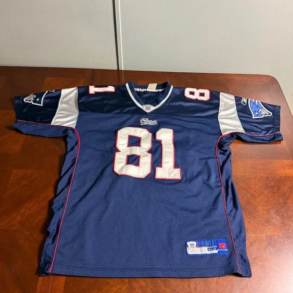 New England Patriots #81 Reebok NFL Equipment Authentic Jersey Sz‎ 52 read