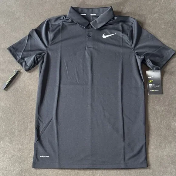Nike Boys Black Golf Polo Shirt Standard Fit Short Sleeve Dri-Fit Size L NWT