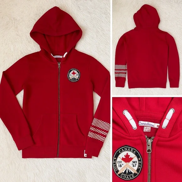 Canadiana Red Full Zip Hoodie Sweatshirt Youth XL (14–16) Canada Patch