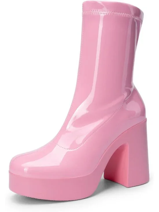 Women's Pink High Chunky Block Heel Square Toe Platform Gogo Ankle Boots
