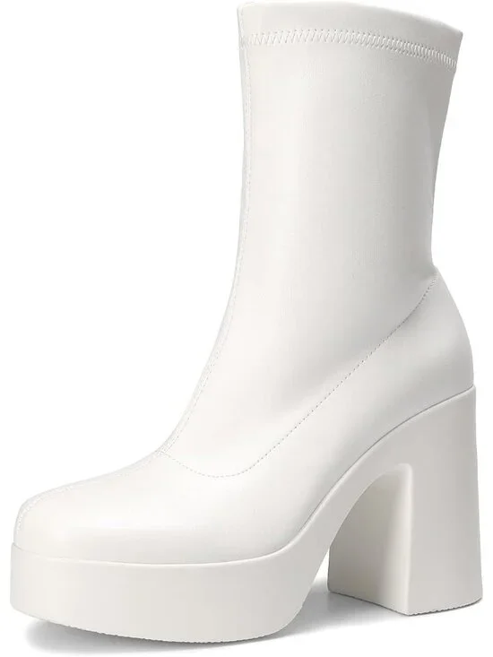 Women's White High Chunky Block Heel Square Toe Platform Gogo Ankle Boots