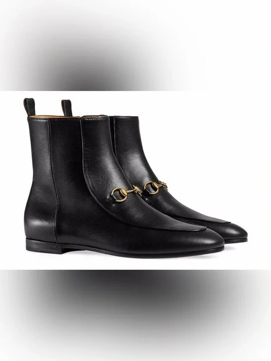 Gucci New Jordaan Black Leather Horsebit Short Chelsea Ankle Bootie Boot 37