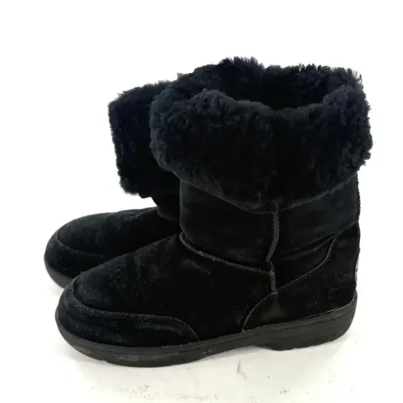 Bearpaw Suede Sherpa Boots 8 Black Leather Snow Faux Shearling Ankle Booties