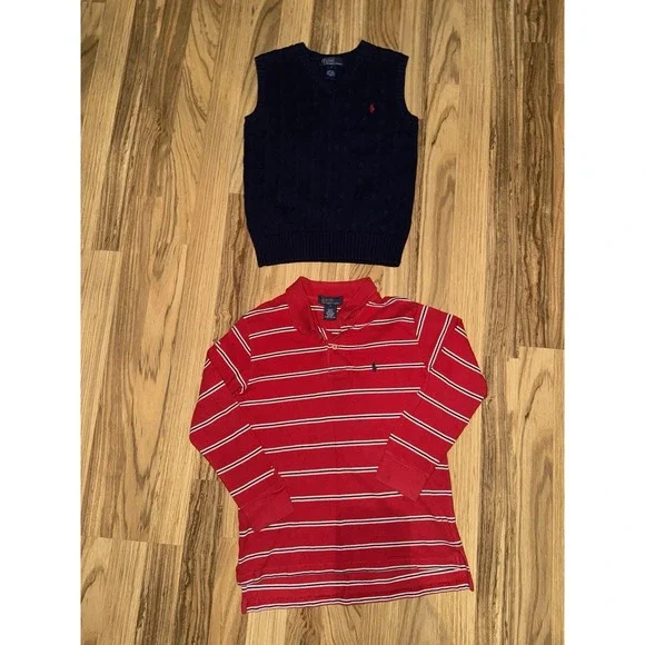 Polo Ralph Lauren Boys Sz 7 Cable Knit Sweater Vest Navy Red Stripped‎ Shirt Lot