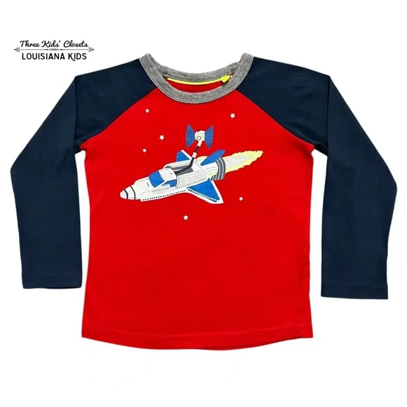 Mini Boden 2-3Y Red & Navy Rocket Ship Space Raglan Tee Shirt