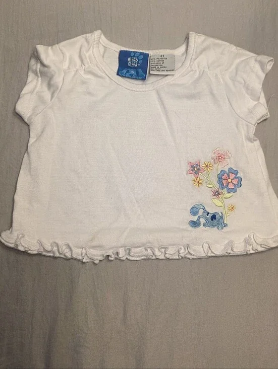 Vintage Blues Clues White Embroidered Ruffle Hem Tee
