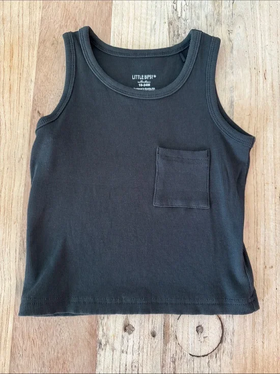 Little Bipsy Dark Black Ribbed Tank Top with Front Pocket