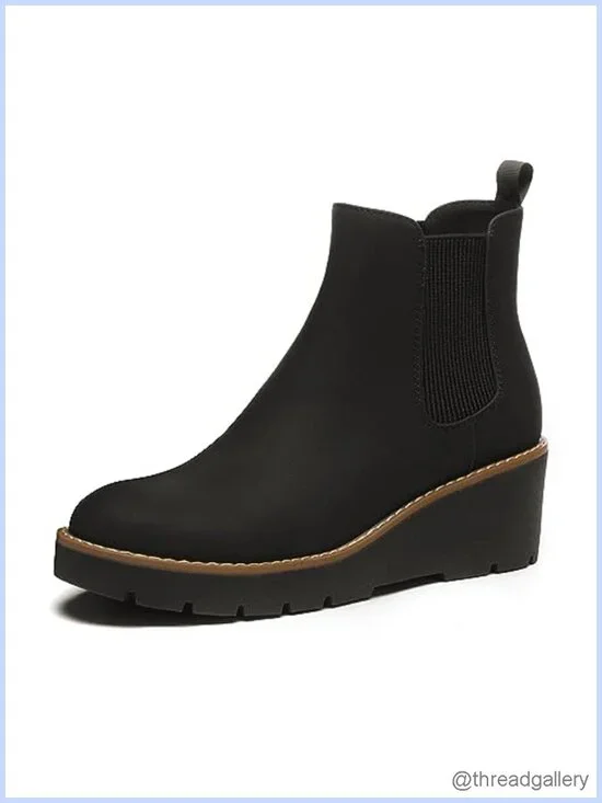 Nubuck Leather Chelsea Wedge Boots Slip On Lug Sole Ankle Booties