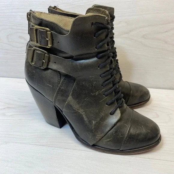 Freebird by Steven Women 7 Malry Ankle Boot Distressed Grey Buckle Lace Up