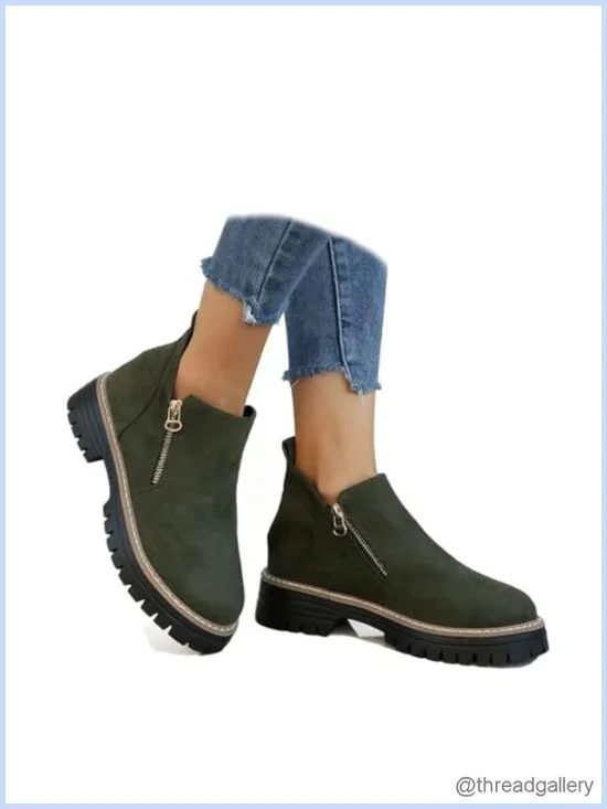 Vintage Low Heel Ankle Boots Pointed Toe Side Zipper Chunky Platform Retro