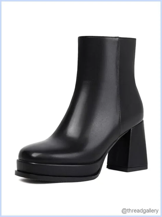 Chunky Platform Ankle Boots Square Toe Back Zipper PU Heeled Booties