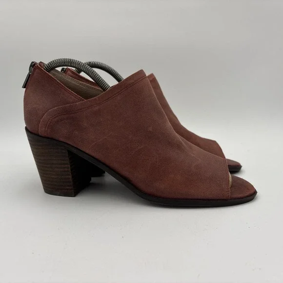 Lucky Brand Kalli Booties Burgundy Suede Leather Peep Toe Block Heel Size 9.5