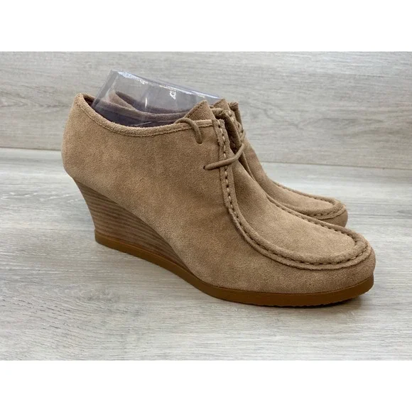 Lauren Ralph Lauren Women's Wedge‎ Booties Tan Suede Moc Toe Lace Up Boots 7