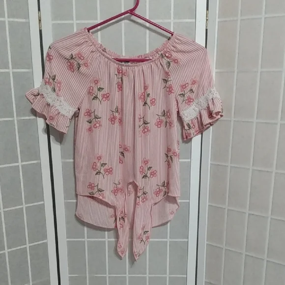 Lily Bleu Girls Pink‎ Stripe Floral Tie Front Top Size L 14