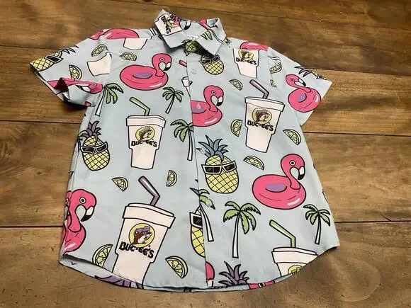 Buc-ee's Hawaiian Shirt Kids Youth Small Flamingo Pineapple Tropical Button Up