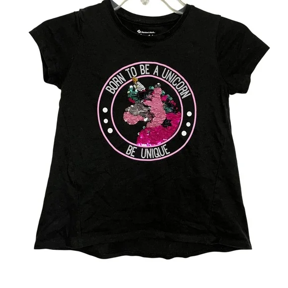 2/$15 Kids Black‎ Unicorn Sequin Graphic Tee Born To Be A Unicorn 7/8 (3163)