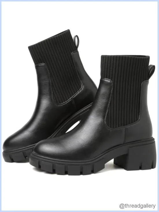 Women's Platform Chelsea Boots with Lug Sole Chunky Block Heel PU